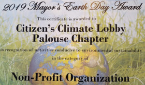 Image - 2019 Mayor's Earth Day Award certificate awarded to the Citizen's Climate Lobby Palouse Chapter
